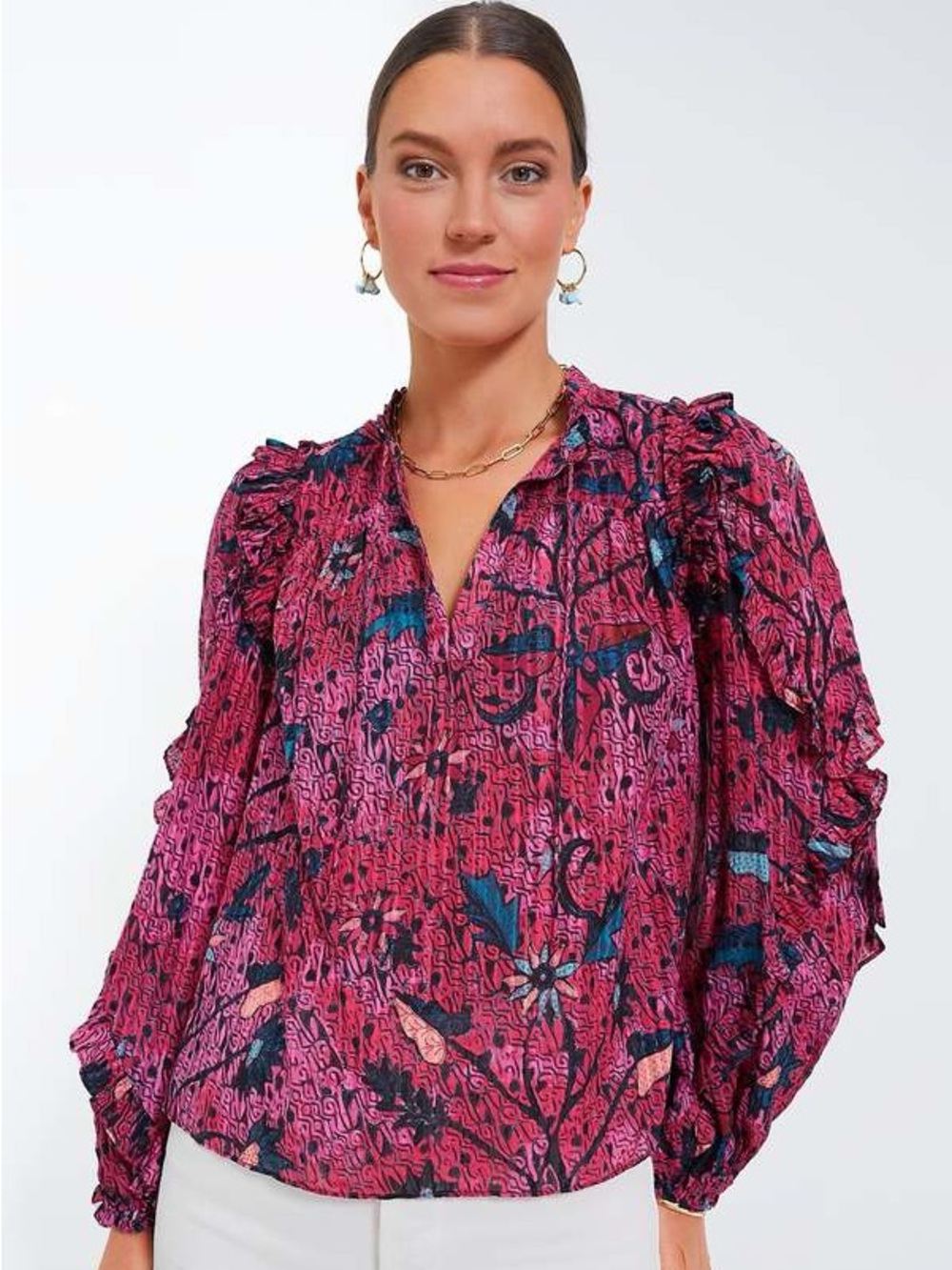 NWT 💕 Ulla Johnson Pink Floral Ruffle-Sleeve Blouse